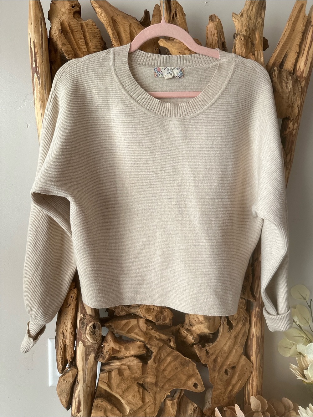 Pink Rose Cream Ribbed Crewneck Sweater